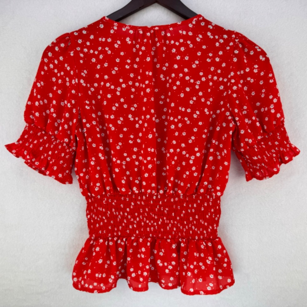 Sienna Sky Blouse Sz XS Red White Print Ruched Waistline and Sleeves Peplum - Picture 2 of 4